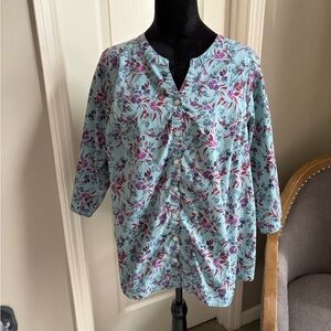 Denim&Co Blue and Pink Floral Button-Down Shirt